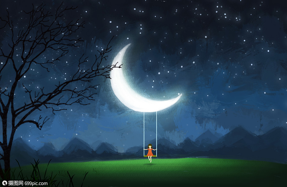 夜晚女孩荡秋千星空唯美