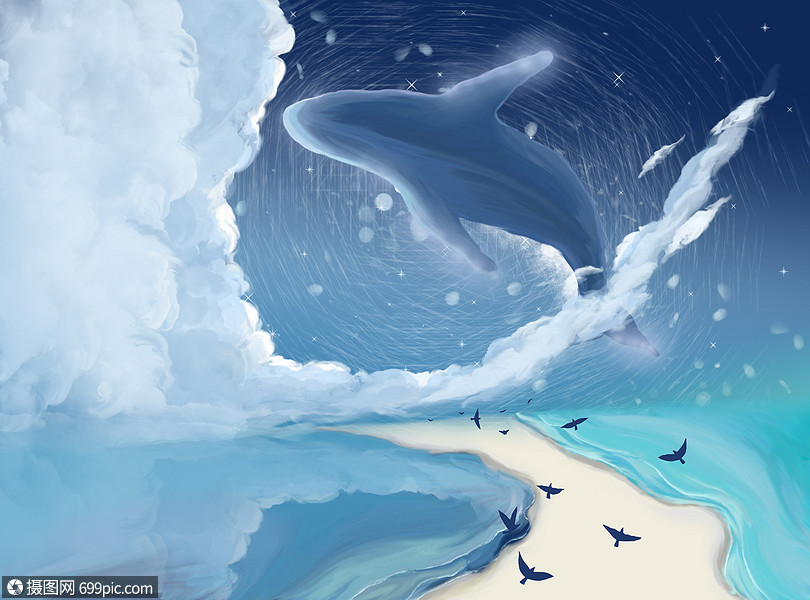 天空中的鲸鱼插画手绘海浪