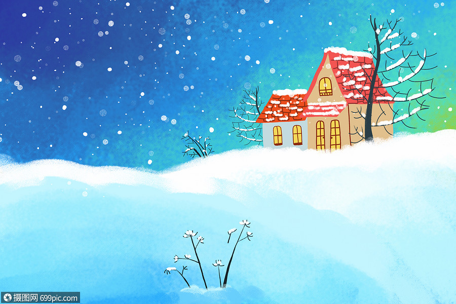 冬季雪景治愈系小清新插画枝头唯美雪景手绘插画
