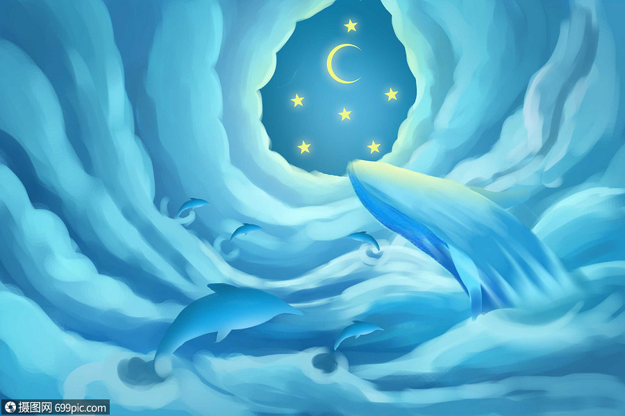 云海星辰下的蓝鲸插画鲸鱼云朵插画