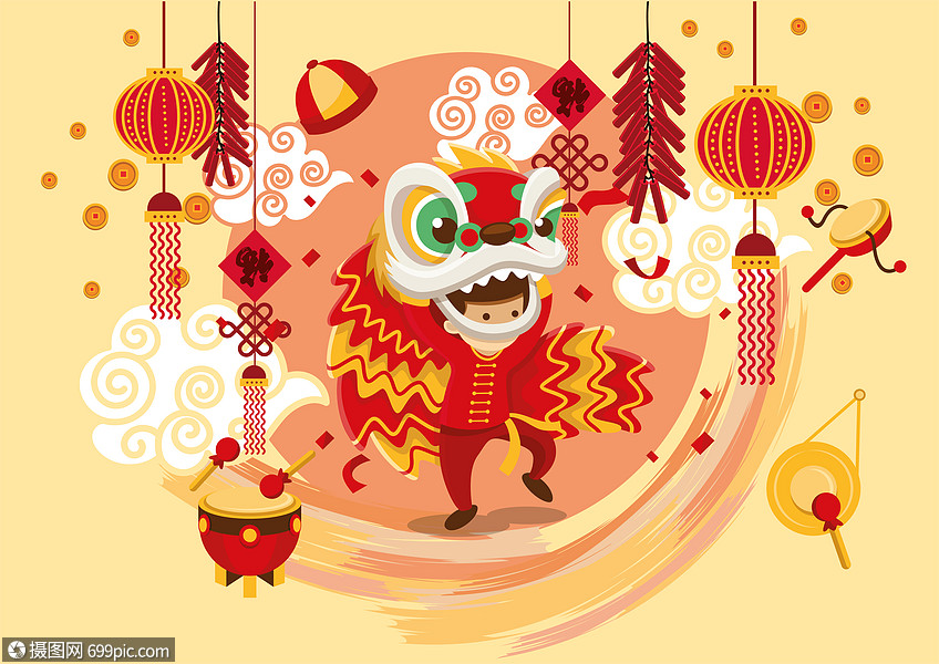 新春舞狮过年插画图片