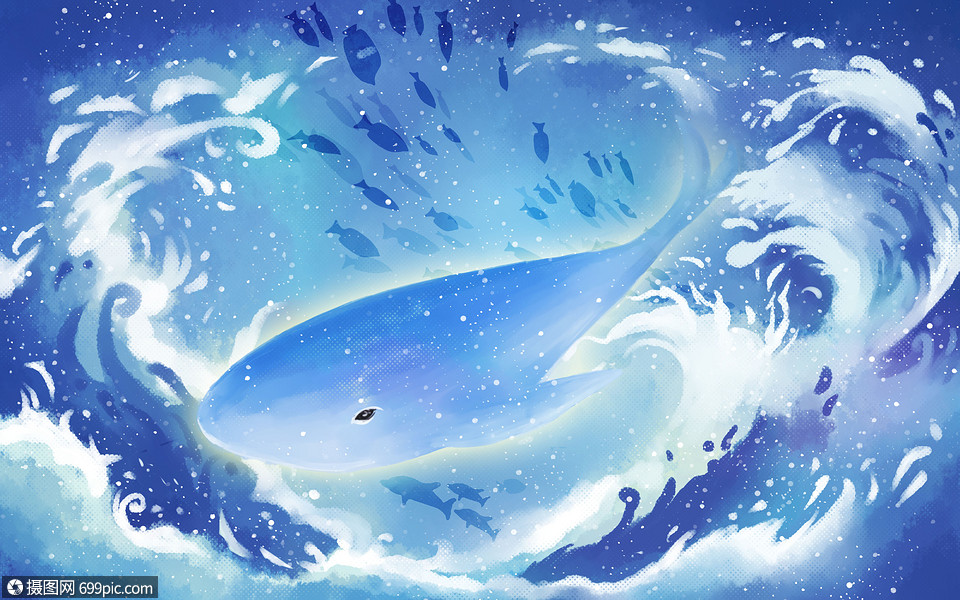 海浪中的鲸鱼唯美插图