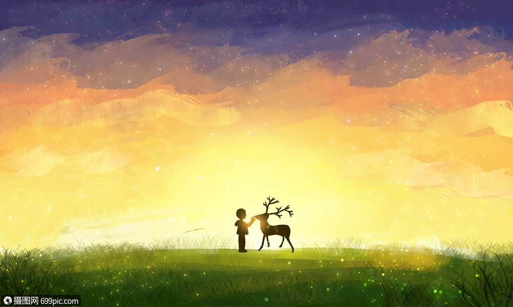 夕阳下的鹿与少年