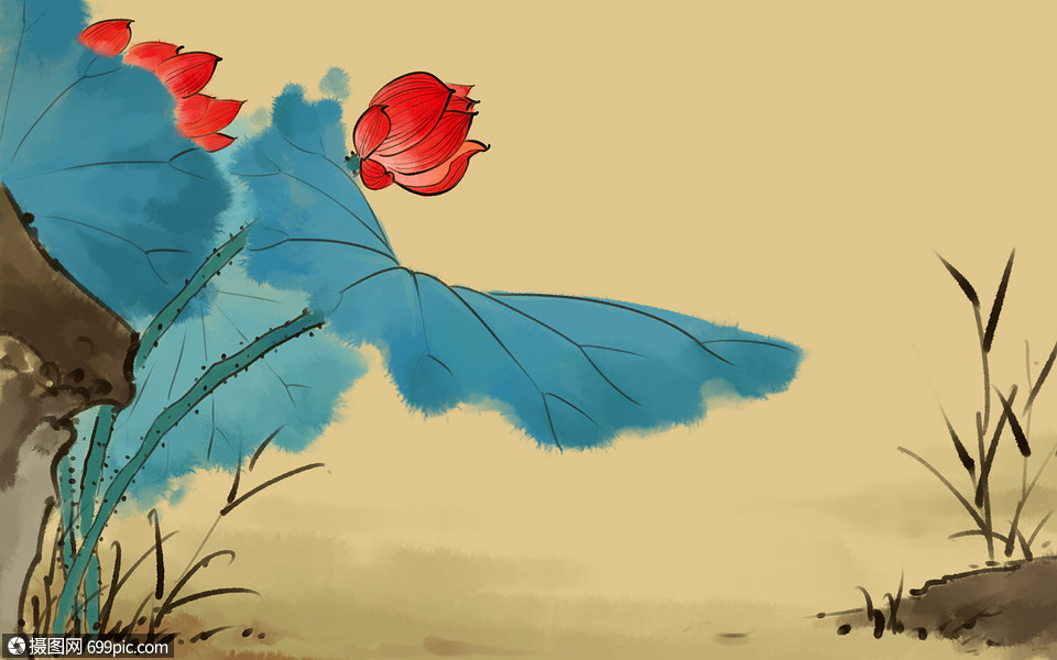 中国风荷花水墨画红莲