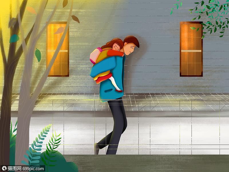 爸爸背着熟睡的女儿回家父亲节父爱