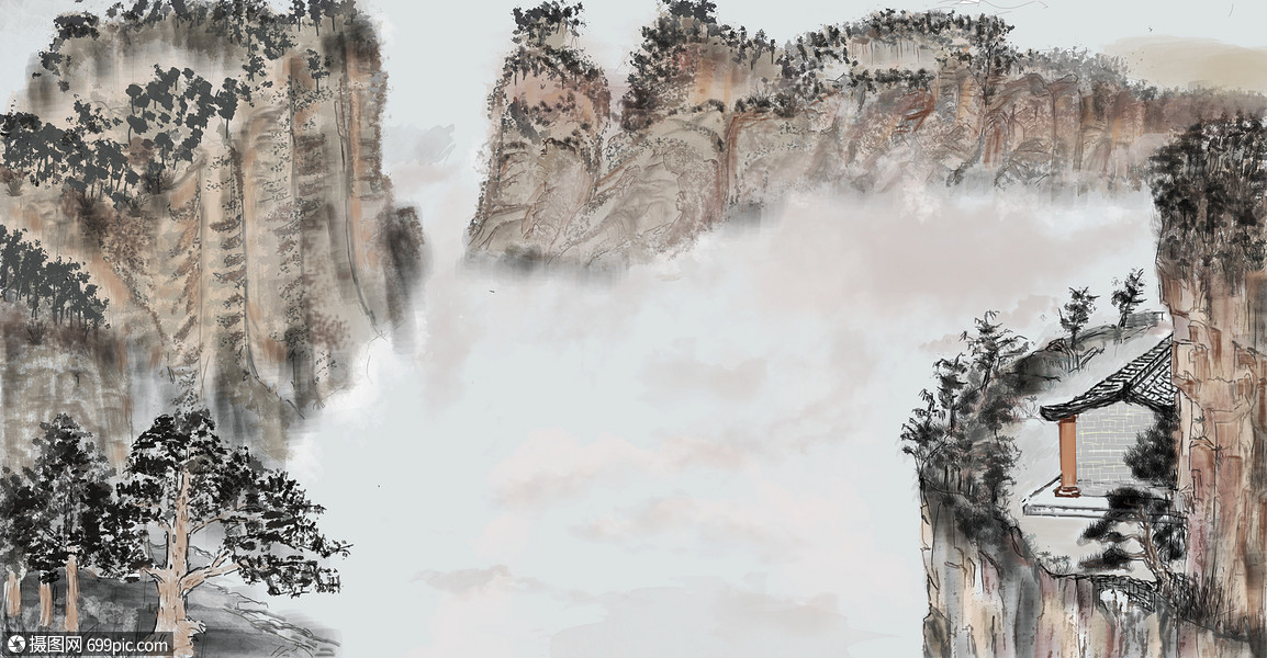 中国风水墨山插画风景云海