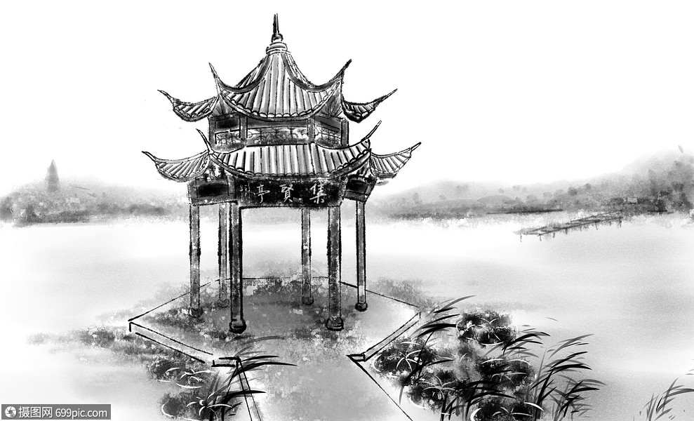 西湖集贤亭中国风水墨画