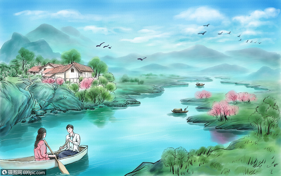 水墨画 旅行 泛舟山水间