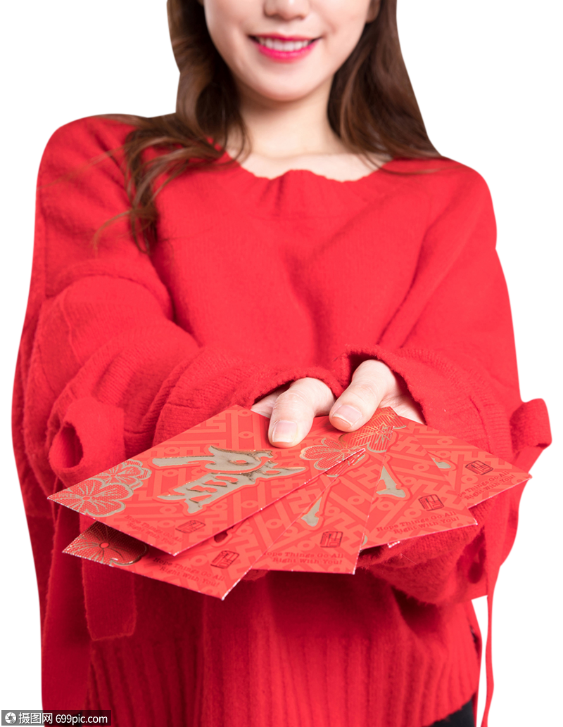 图片 素材 免抠人像 红色毛衣的可爱女生发红包图片.png