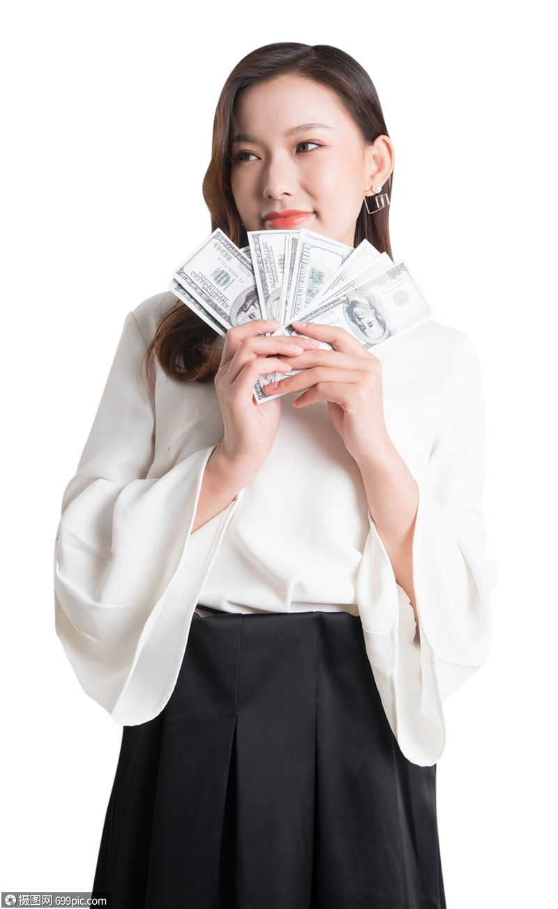 年轻美女拿着美钞外币图片