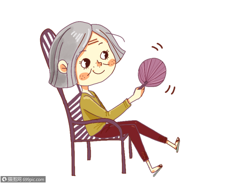 免抠元素 手绘/卡通元素 老奶奶拿扇子.png