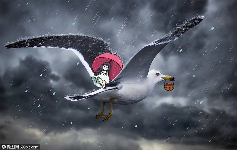 小女孩海鸥创意摄影插画