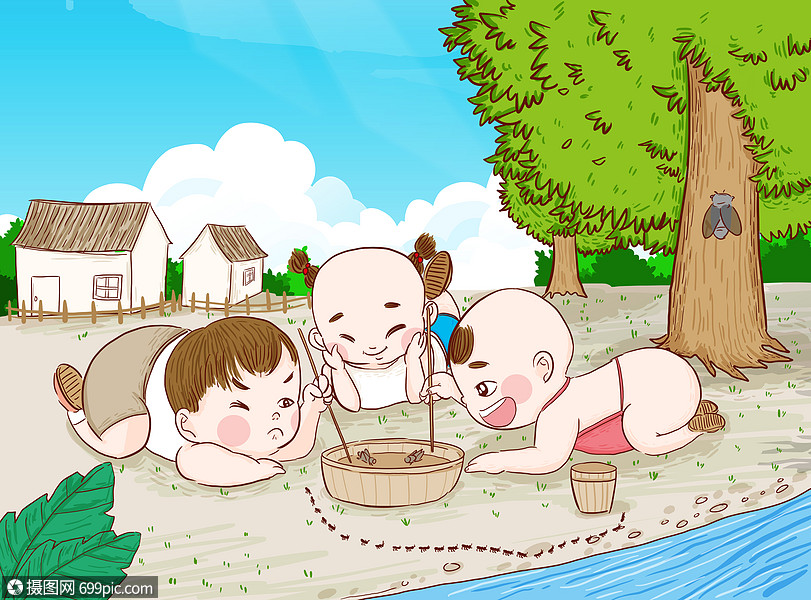 童年记忆夏日孩童们斗蛐蛐手绘原创插画