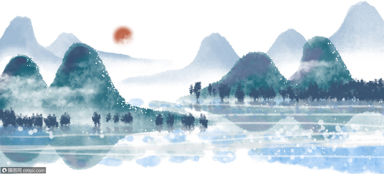 中国风山水背景手绘山水画黑白水墨