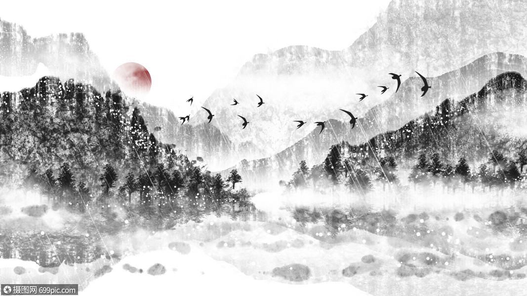 中国风水墨山水背景插画写意画中国风水墨意境山水水墨插画