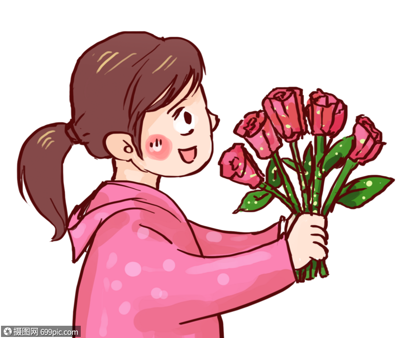 献花的小女孩马尾辫手绘