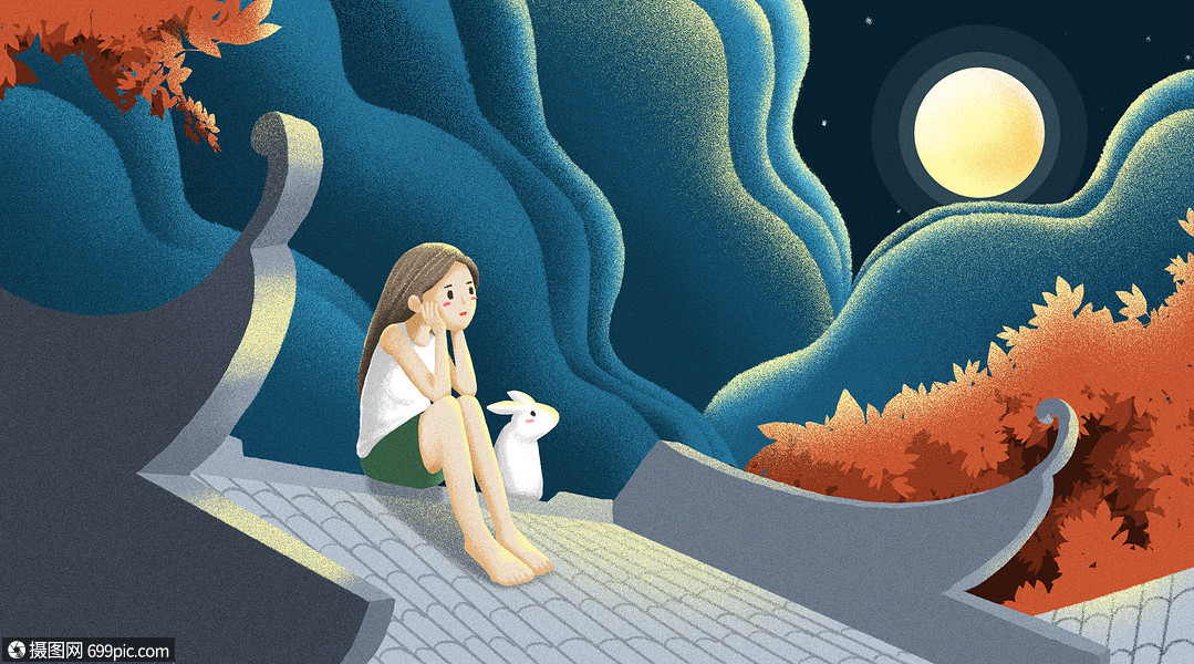 中秋节女孩屋顶赏月思乡