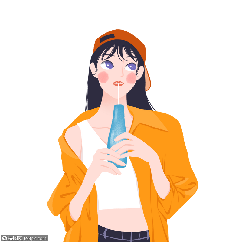 喝饮料女孩鸭嘴帽卡通人物