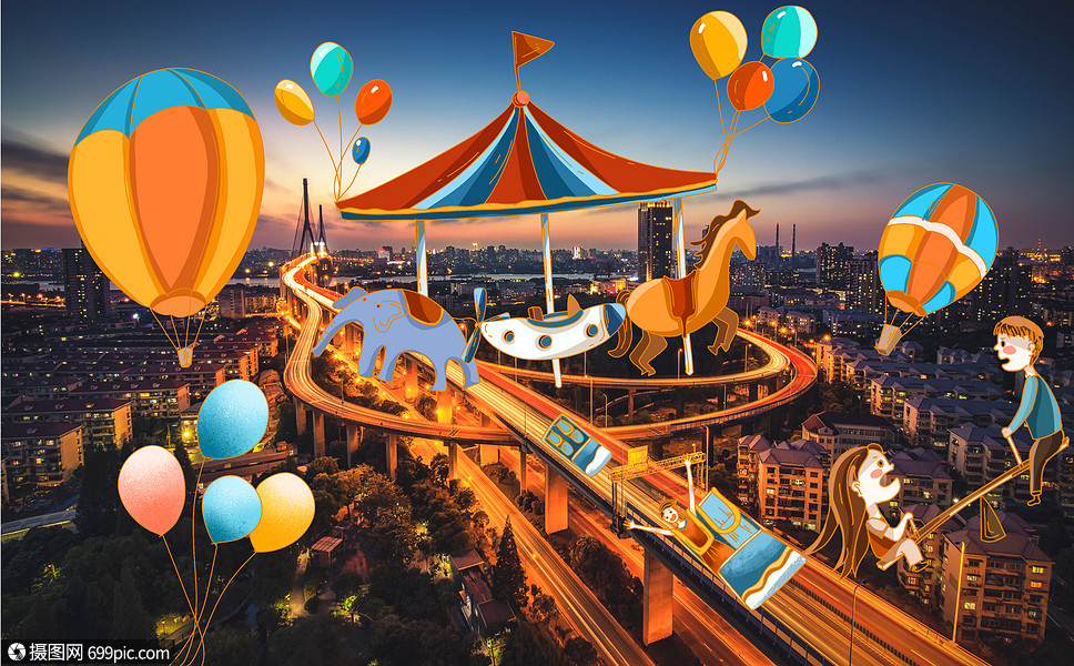 创意摄影插画 杨浦大桥游乐园.psd