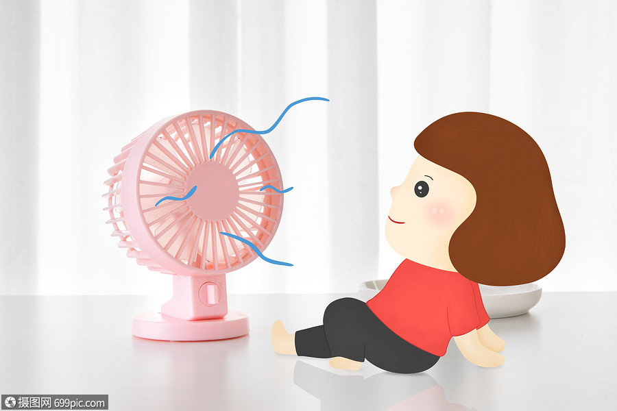 吹风扇的小女孩创意摄影插画