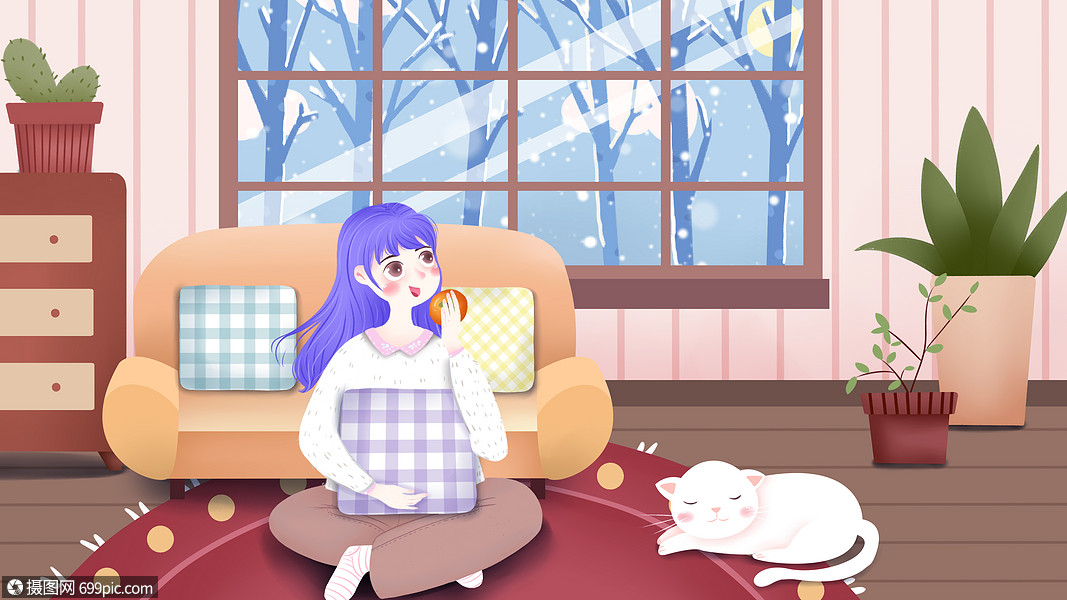 小雪插画女孩窗高清图片素材