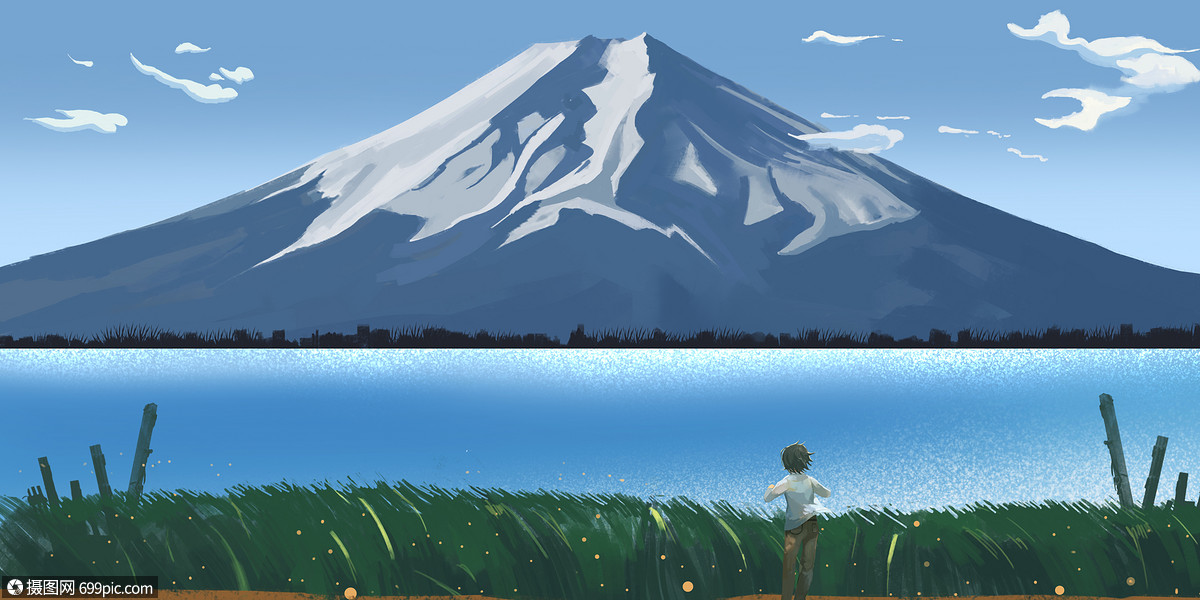 富士山插画手绘海景
