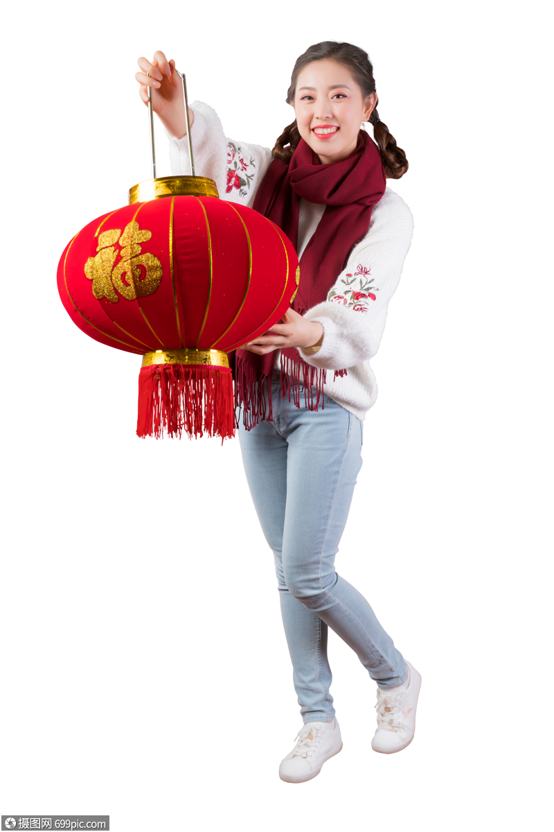 女性手拿红灯笼中国文化新年