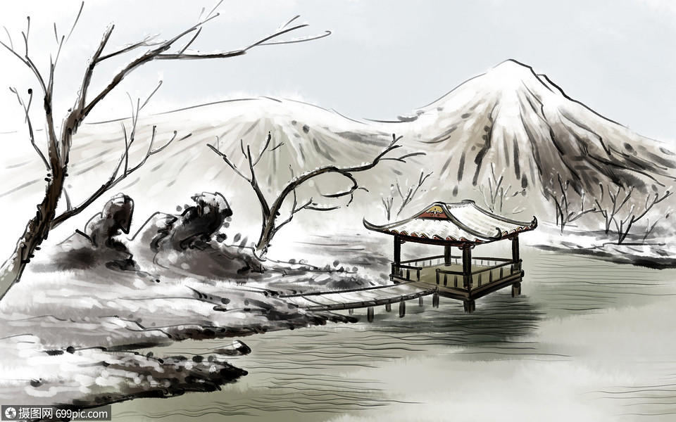 冬季雪水墨背景高清图片素材