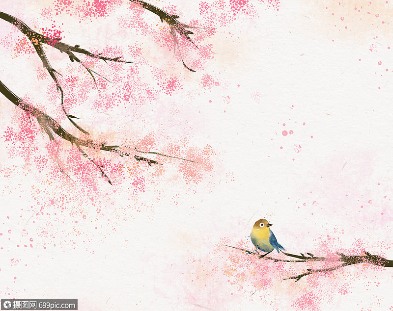 粉色小清新水彩樱花春天手绘插画留白意境