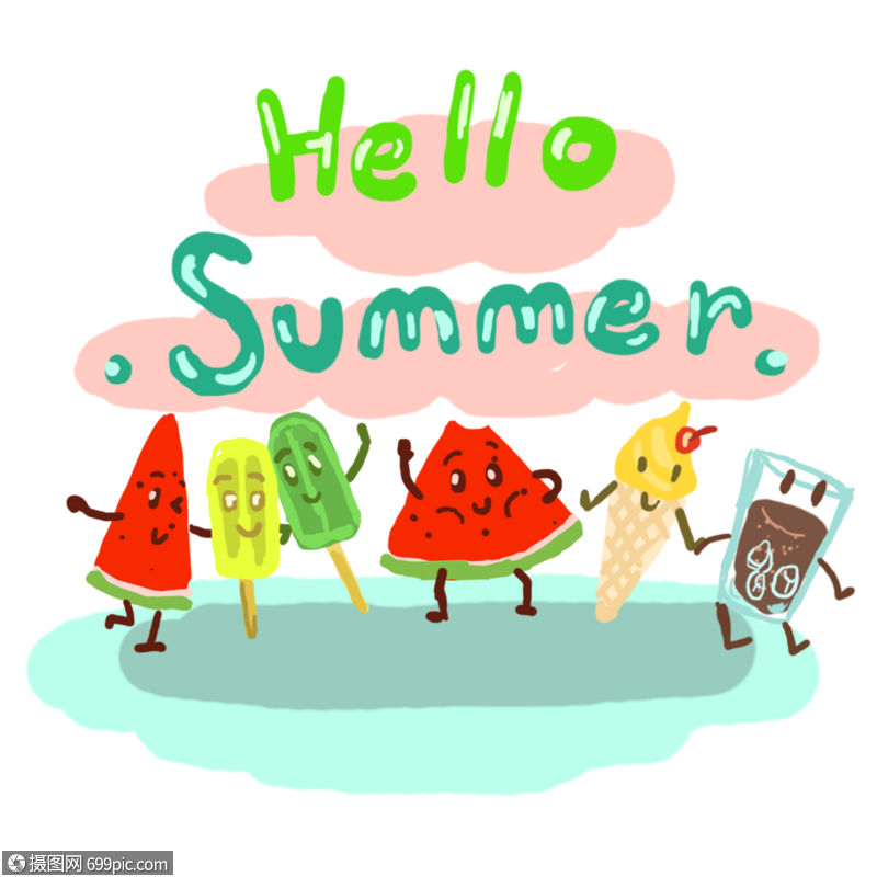 hello summer英文艺术字夏天西瓜可乐