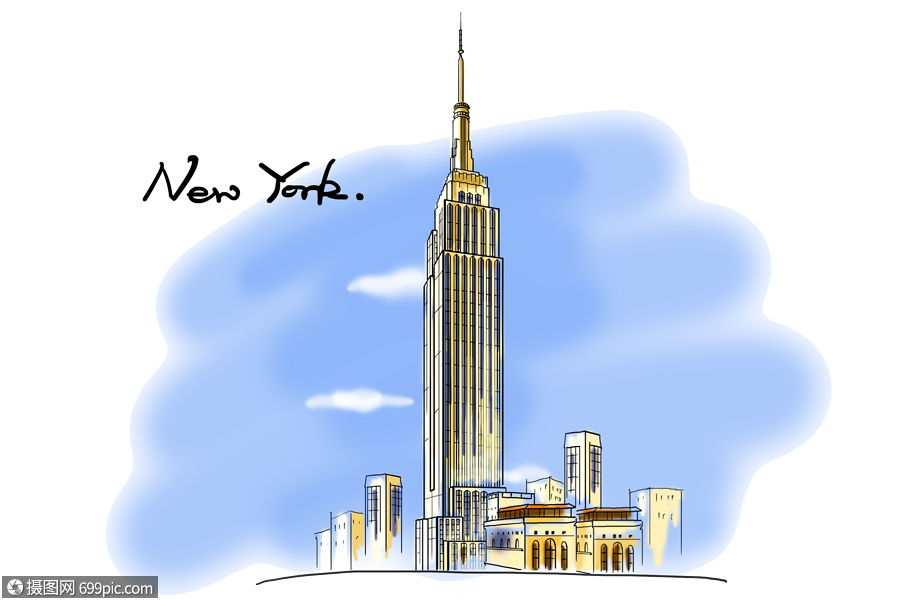 纽约地标帝国大厦手绘风格图