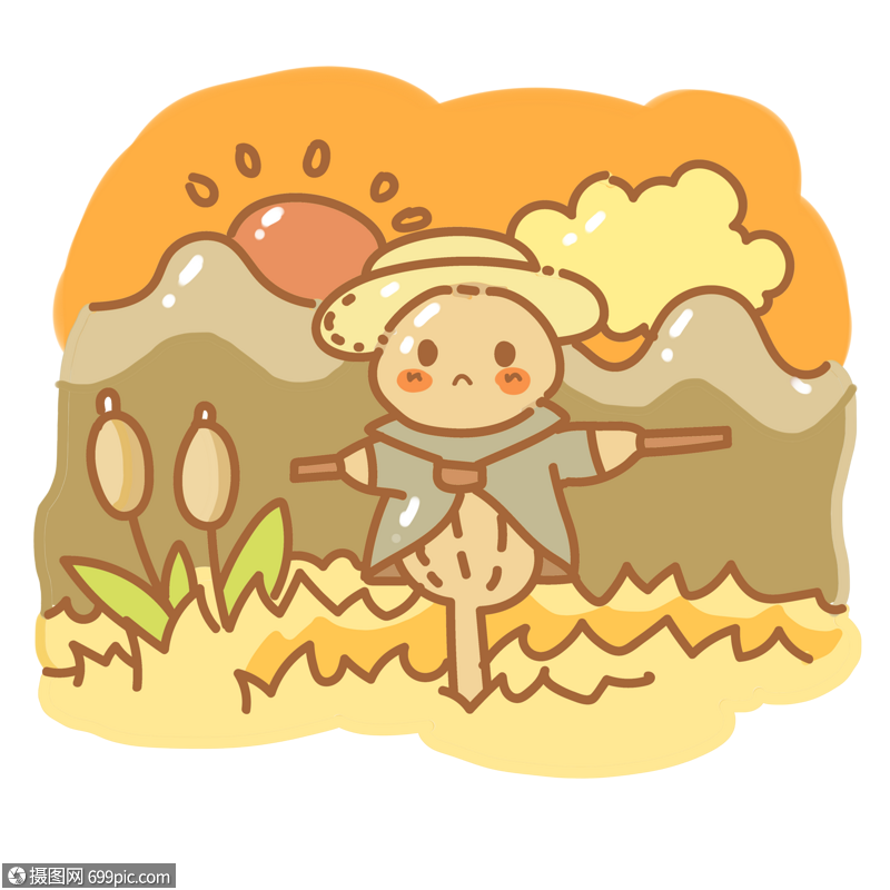 麦田里的稻草人日落夕阳西下