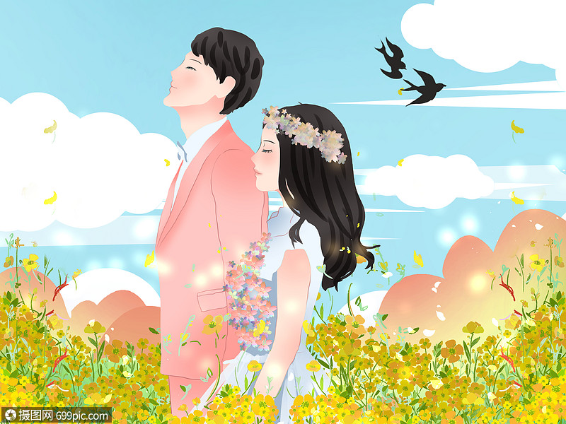 小清新风格插画在花海中拍婚纱照油菜花情侣