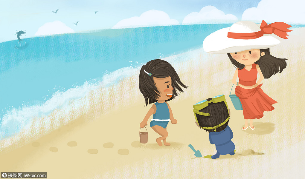 妈妈带小孩海边旅游插画