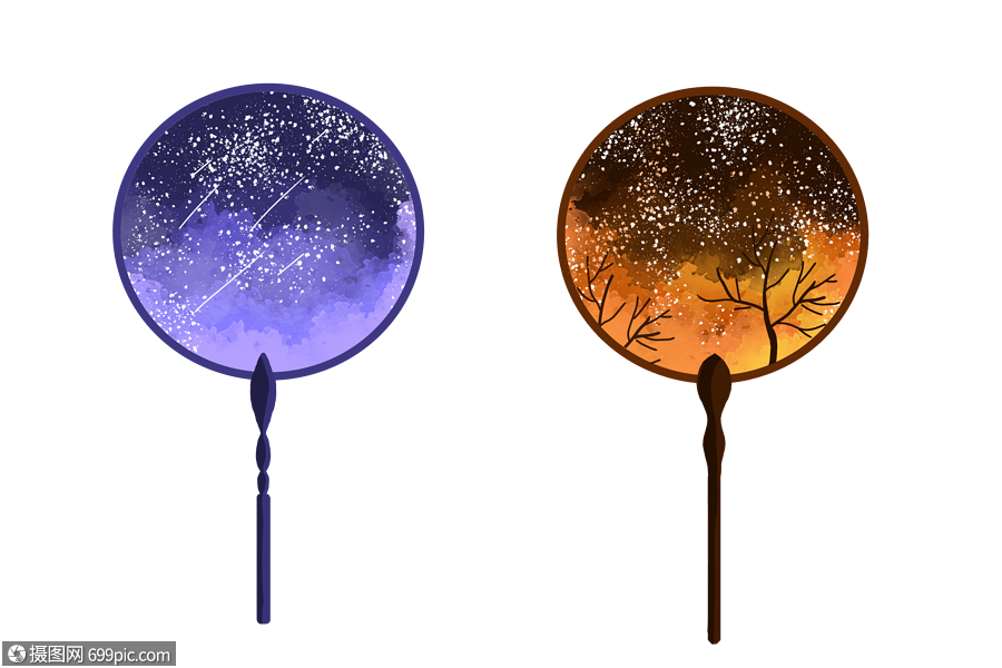 夏天星空树枝扇子团扇渐变手绘装饰图案