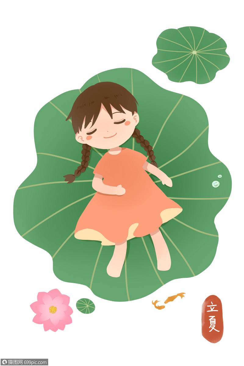 荷叶女孩湖面插画图片