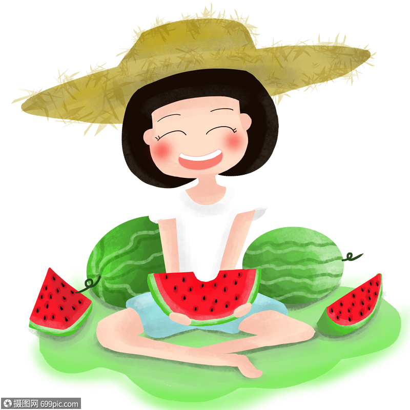 手绘卡通草帽女孩吃西瓜夏日主题素材