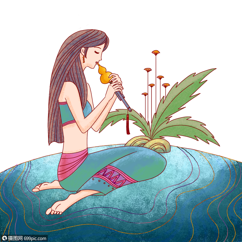 免抠元素 手绘/卡通元素 装饰画 吹葫芦丝的少女.png
