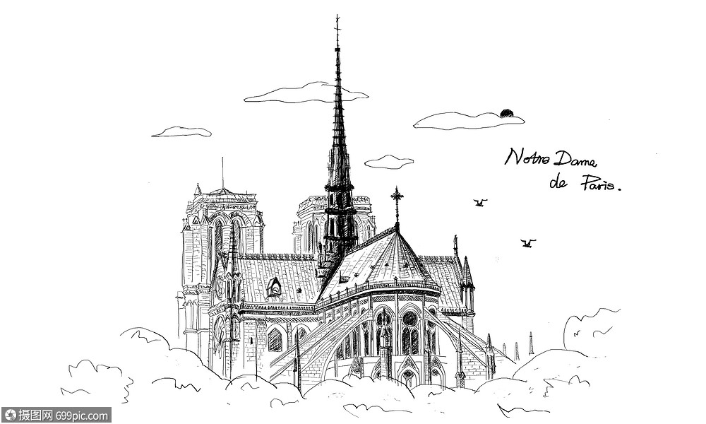手绘法国巴黎圣母院风格图