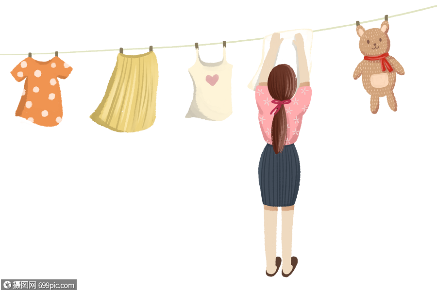 晾衣服的女孩手绘女孩卡通人物