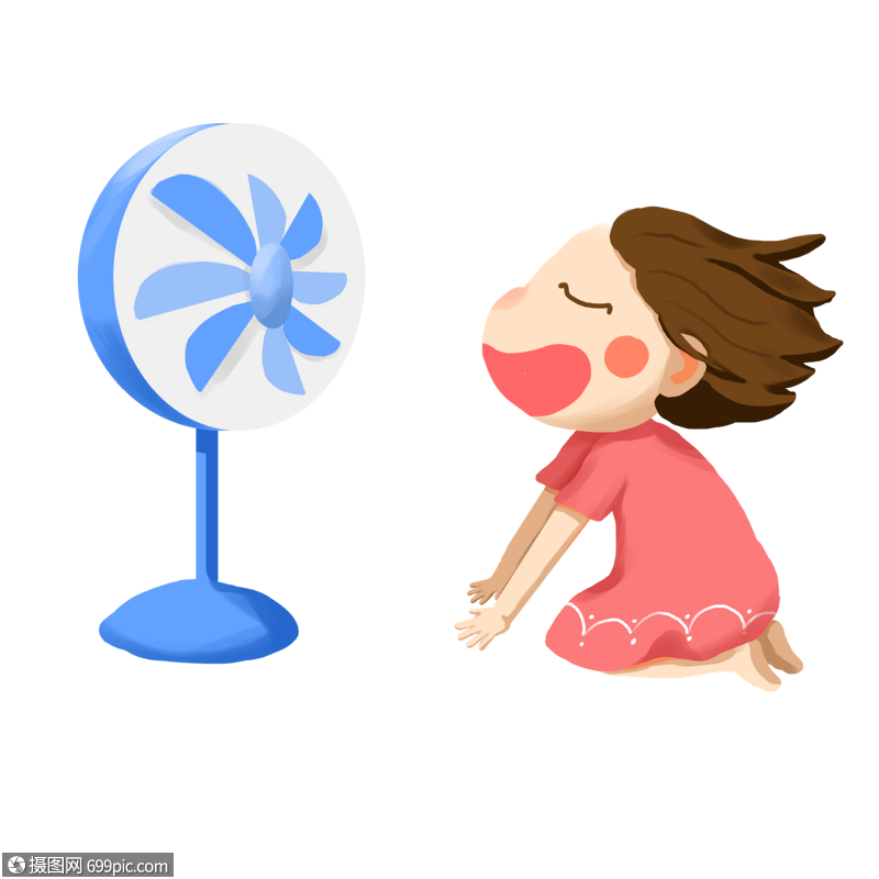 夏季在家吹电风扇的小女孩卡通素材下载
