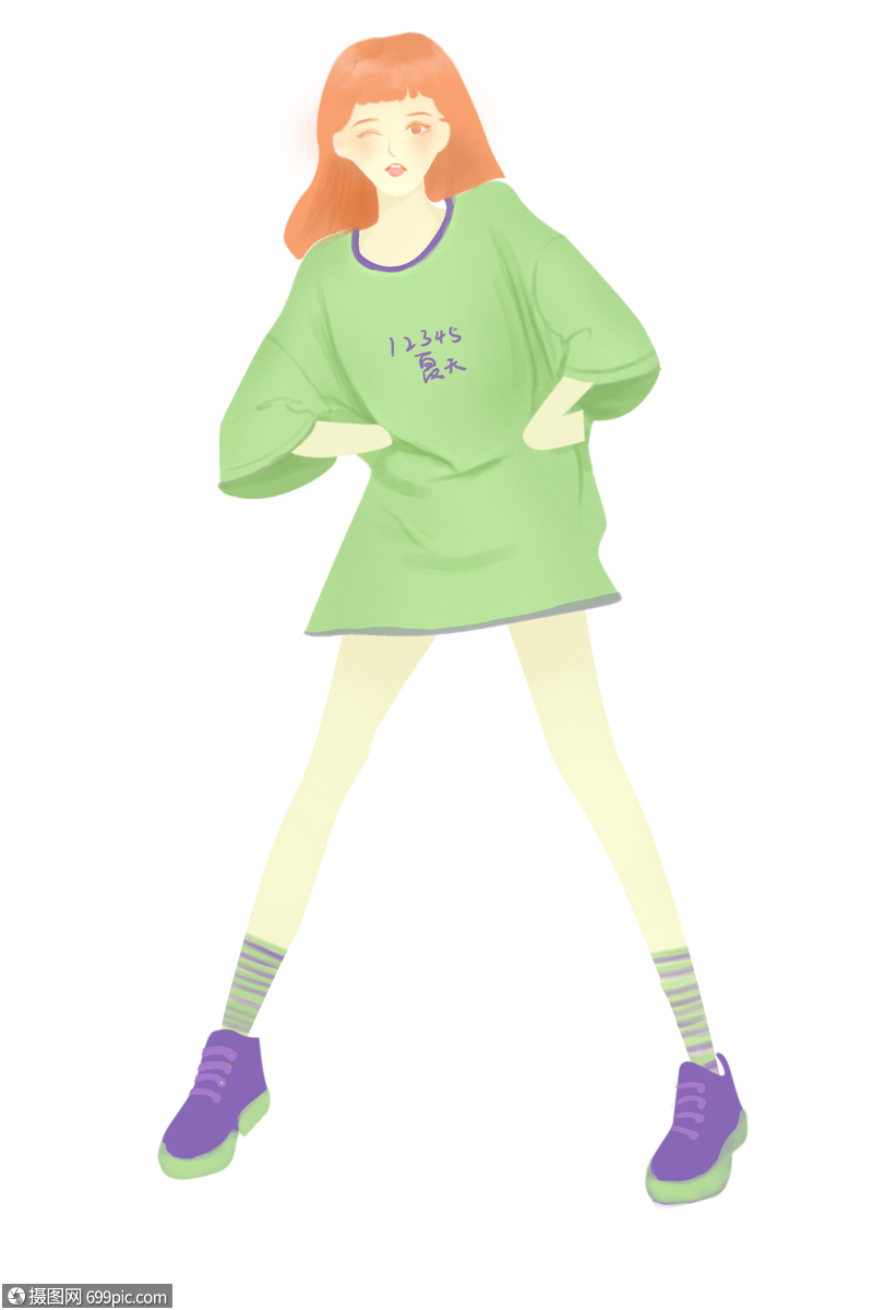 红发绿衣服运动女孩