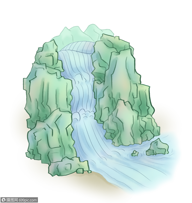 瀑布山水国风卡通图片