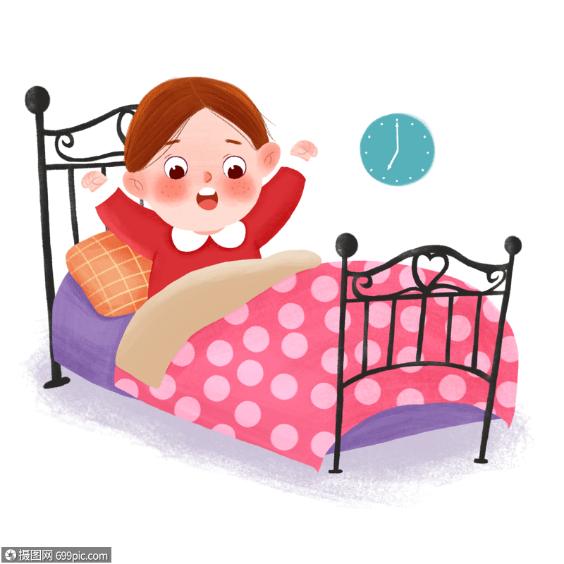 手绘起床可爱小女孩场景插画
