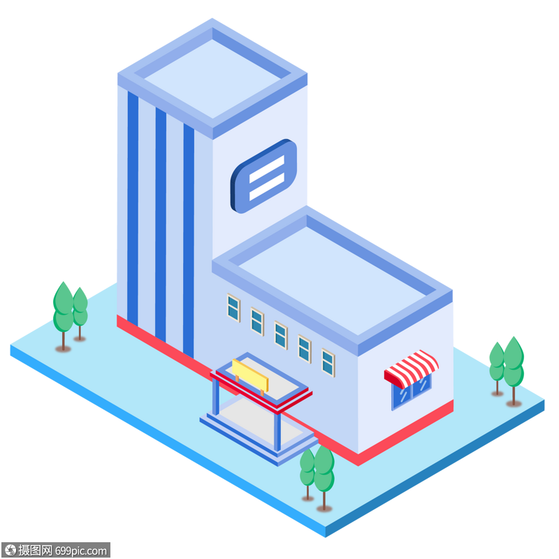 2.5d蓝色房屋建筑大厦插画