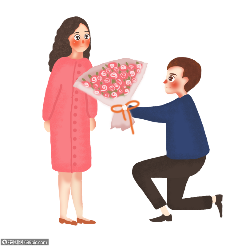 男生单膝下跪送花给女孩