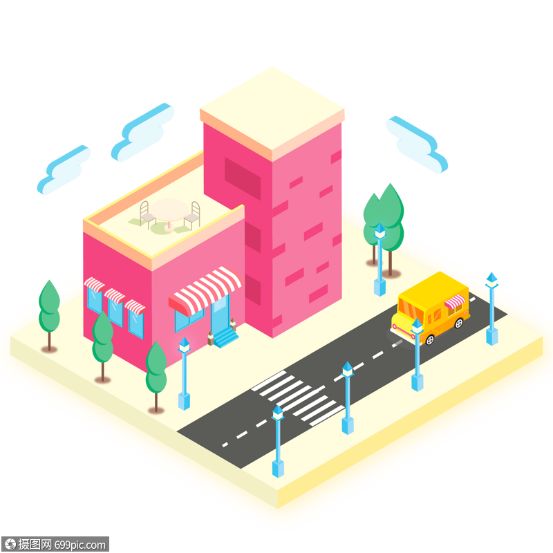 免抠元素 手绘/卡通元素 2.5d粉色城市居民房子建筑插画.ai