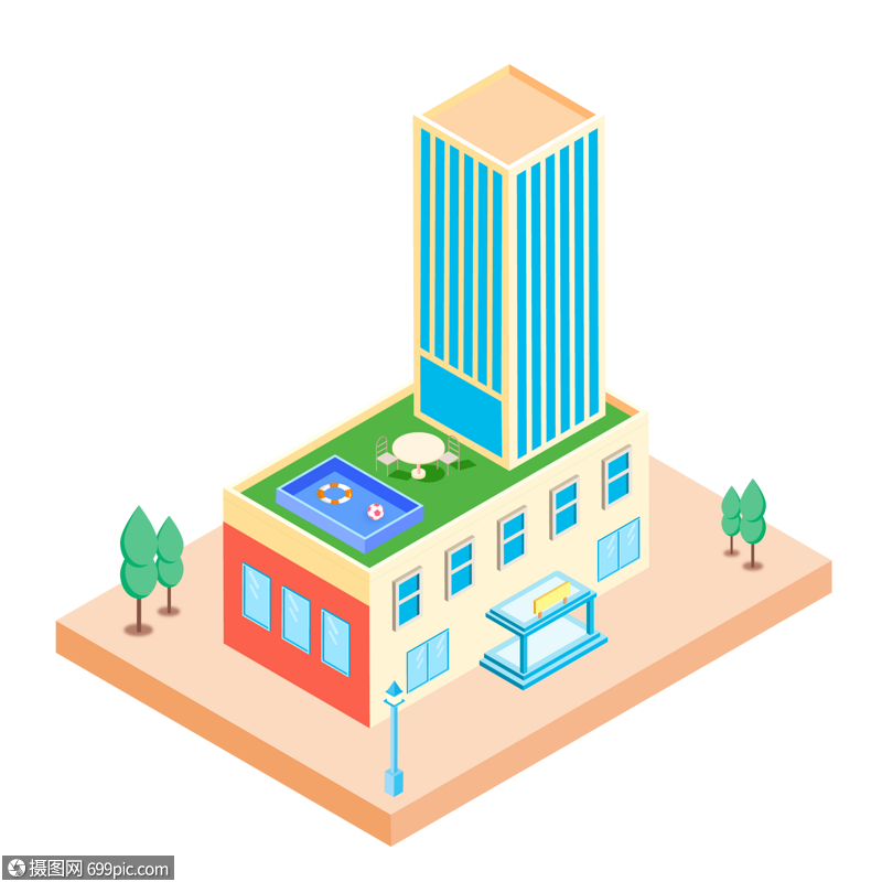 2.5d黄色高楼大厦立体建筑房子插画