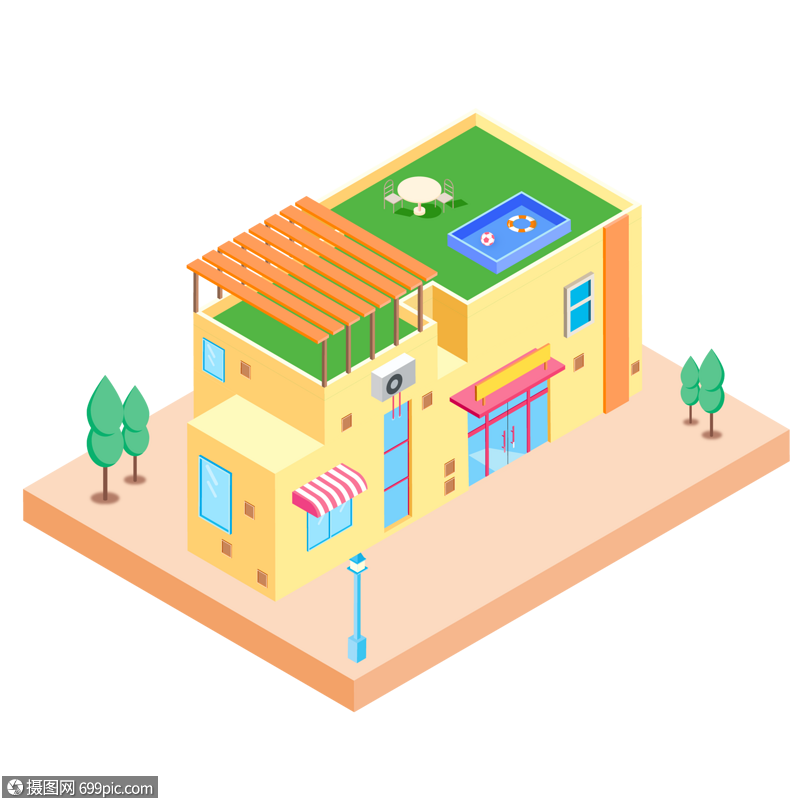 2.5d黄色小清新立体建筑房子插画