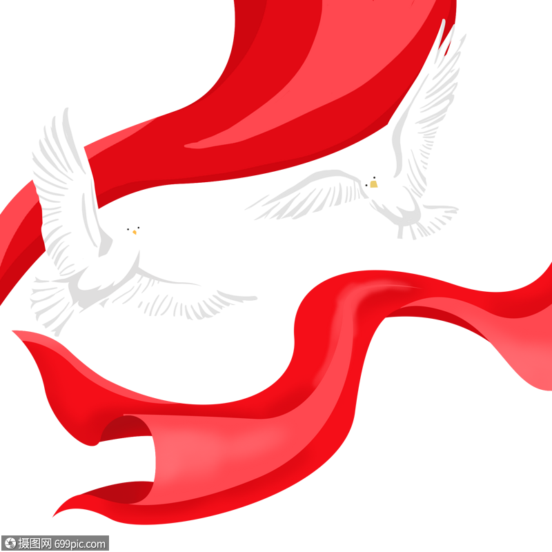 手绘卡通红绸带和白鸽彩带建军节